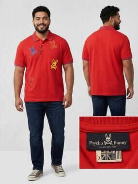 Psycho Bunny Men XL Red Keswick Polo Chicago All Over Bunny Pique Limited